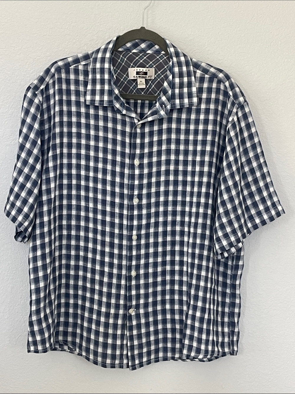 Joseph Abboud Men's XL 100% Linen Shirt Navy White Gingham Short Sleeve